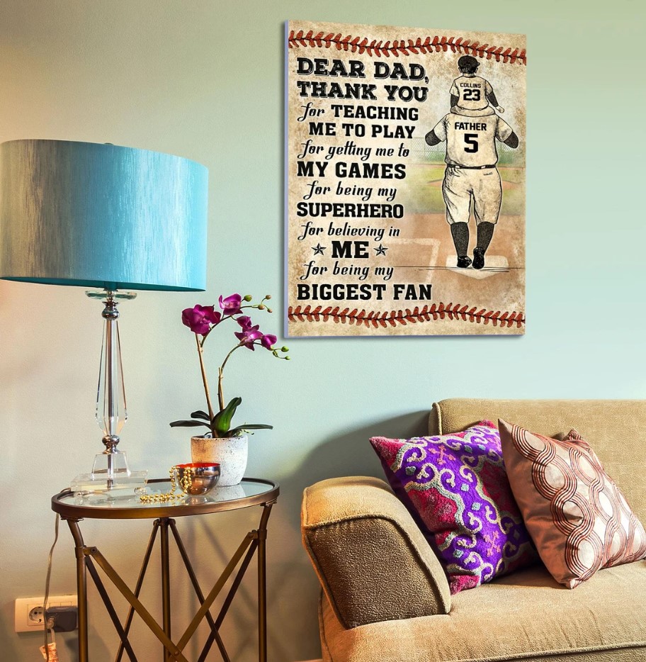 Personalized Dear Dad Baseball Canvas Wall Art Daddy And Kids Vintage Poster Fathers Day Gift Baseball Players Custom Name And Number